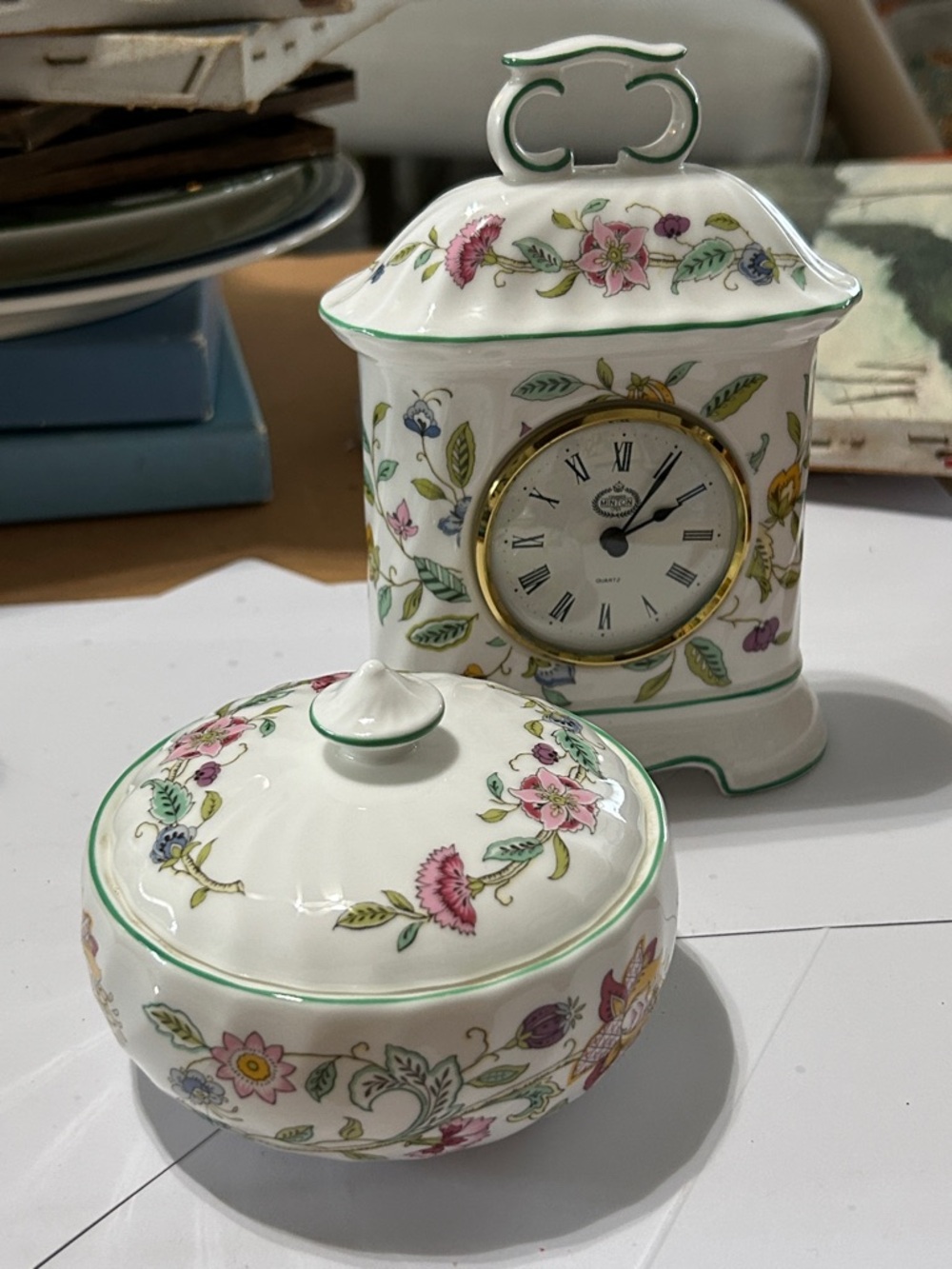 Minton Floral Porcelain Clock & Lidded Trinket Dish Set - Pink & Green Accents